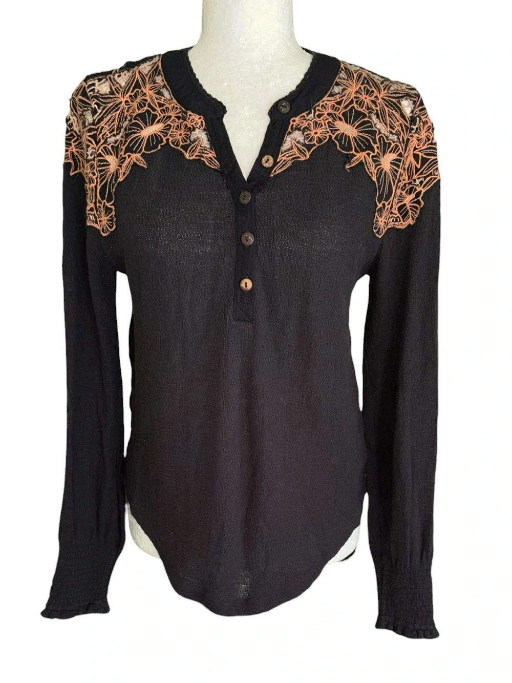 Free People Easy Breezy Black Embroidered Eyelet Henley Top - M